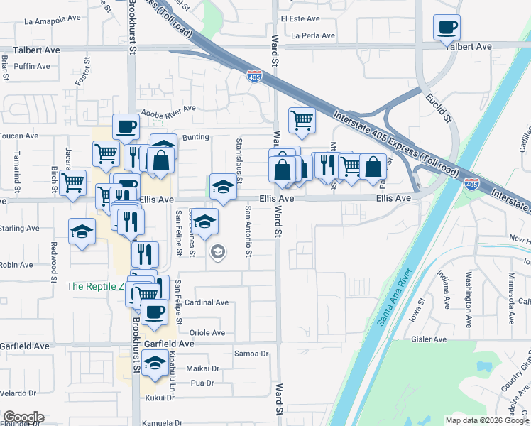 map of restaurants, bars, coffee shops, grocery stores, and more near 10437 Waxwing Circle in Fountain Valley