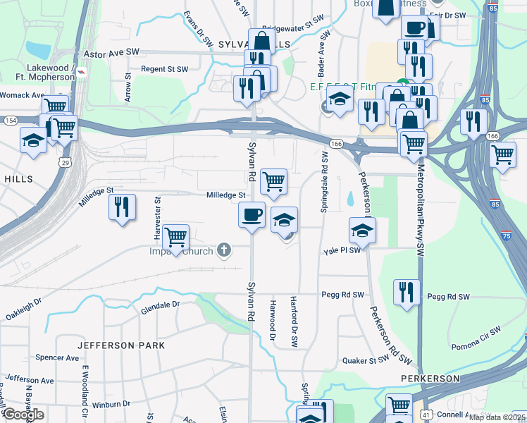 map of restaurants, bars, coffee shops, grocery stores, and more near 2240 Sylvan Road in East Point