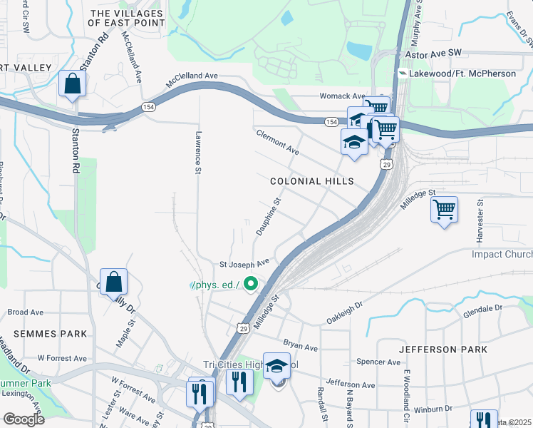 map of restaurants, bars, coffee shops, grocery stores, and more near 2255 Dauphine Street in East Point