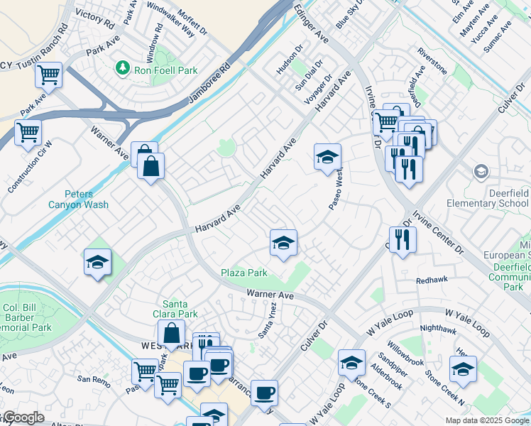 map of restaurants, bars, coffee shops, grocery stores, and more near 53 Avanzare in Irvine