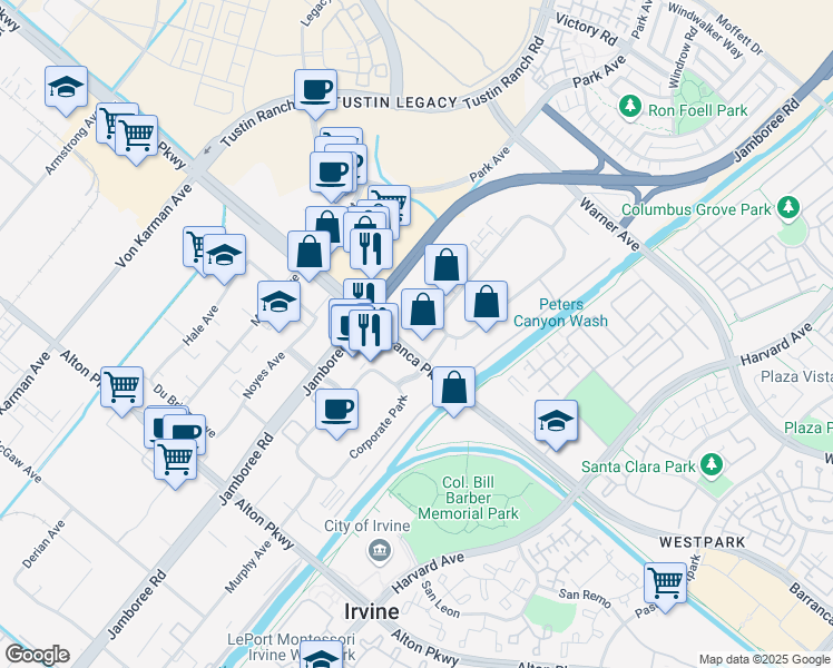 map of restaurants, bars, coffee shops, grocery stores, and more near 2805 Barranca Pkwy in Irvine