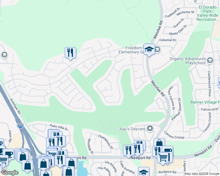 map of restaurants, bars, coffee shops, grocery stores, and more near 28613 Waterhole Canyon Drive in Menifee