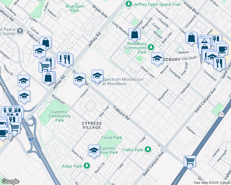map of restaurants, bars, coffee shops, grocery stores, and more near 59 Midnight Sky in Irvine