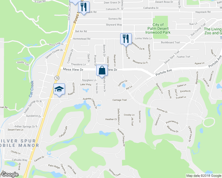 map of restaurants, bars, coffee shops, grocery stores, and more near 48637 Wolfberry Court in Palm Desert