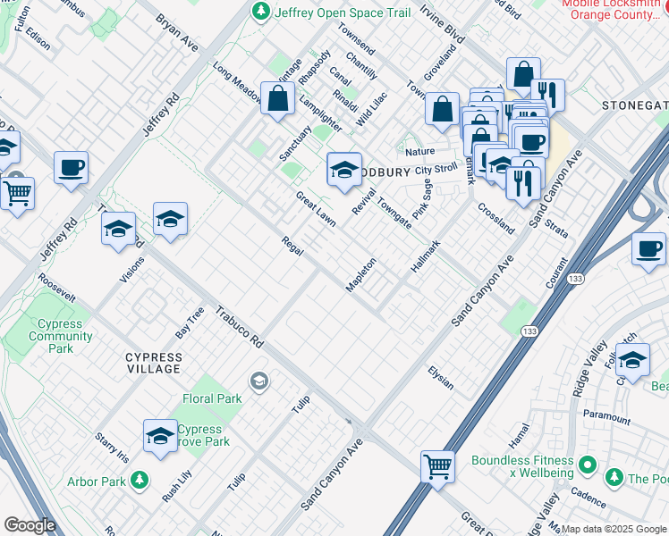 map of restaurants, bars, coffee shops, grocery stores, and more near 36 Twin Gables in Irvine
