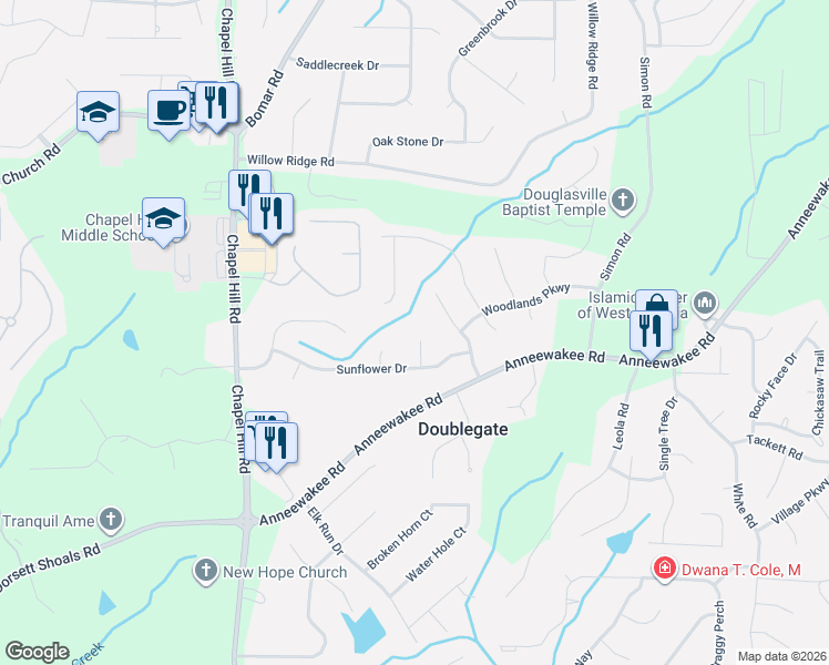 map of restaurants, bars, coffee shops, grocery stores, and more near 4133 Twig Court in Douglasville