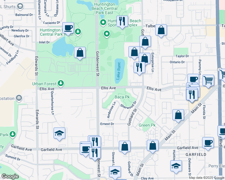 map of restaurants, bars, coffee shops, grocery stores, and more near 7135 Ashley Drive in Huntington Beach