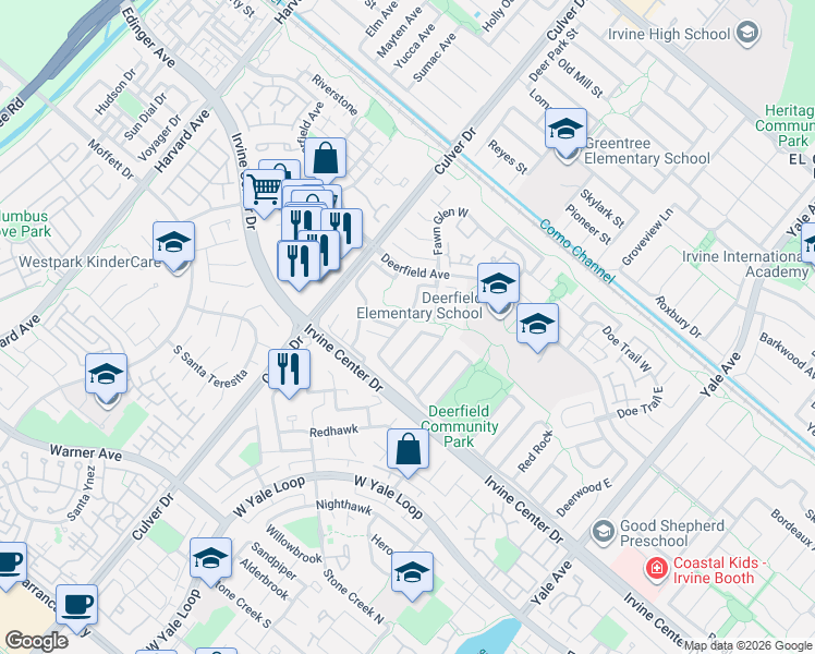 map of restaurants, bars, coffee shops, grocery stores, and more near 11 Golden Star in Irvine