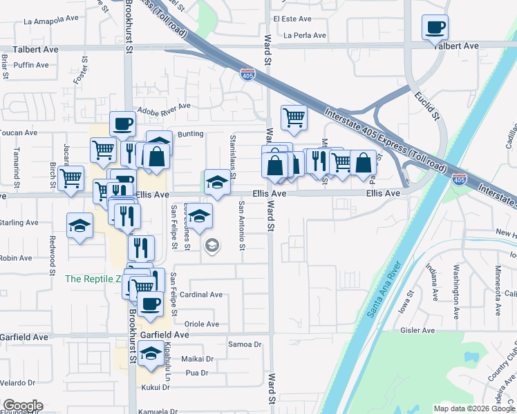 map of restaurants, bars, coffee shops, grocery stores, and more near 10437 Waxwing Circle in Fountain Valley