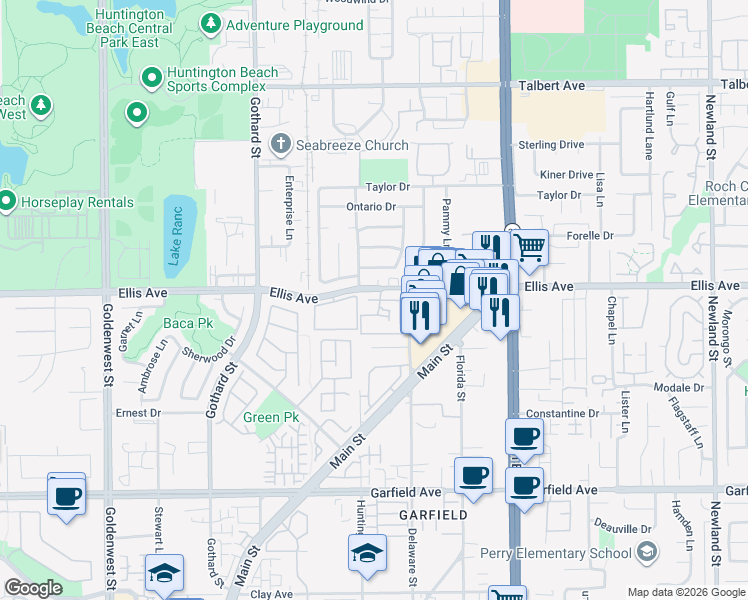 map of restaurants, bars, coffee shops, grocery stores, and more near 7671 Rapids Drive in Huntington Beach