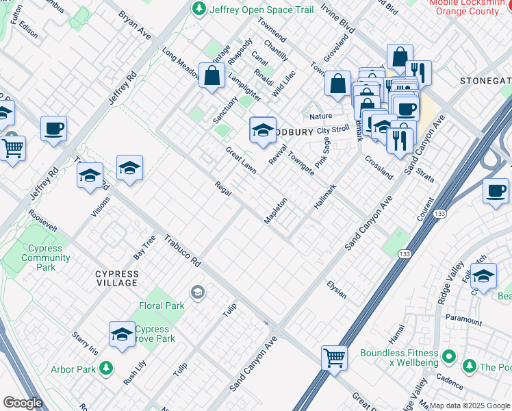 map of restaurants, bars, coffee shops, grocery stores, and more near 36 Twin Gables in Irvine