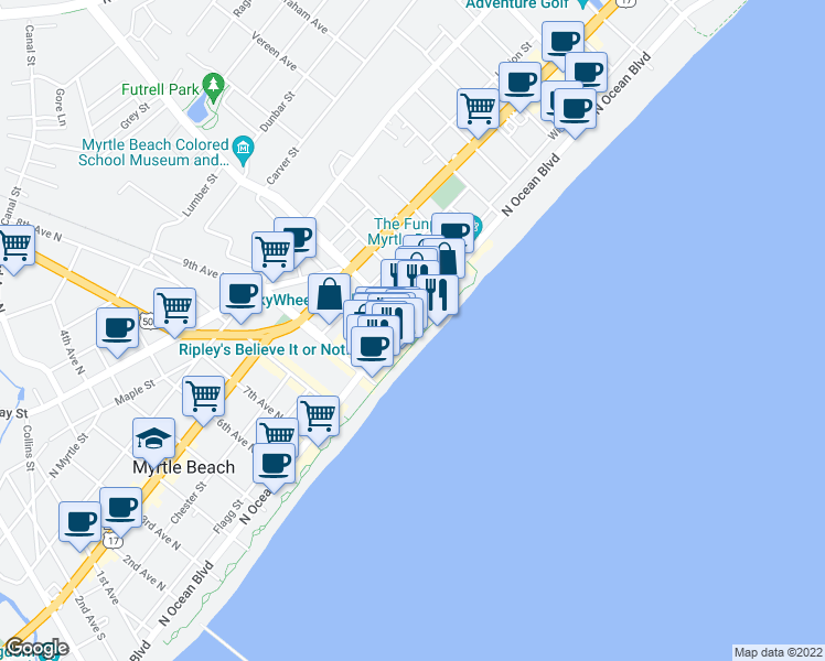map of restaurants, bars, coffee shops, grocery stores, and more near 1309 North Ocean Boulevard in Myrtle Beach