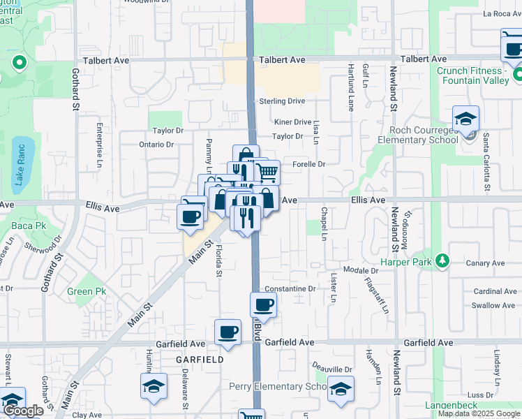 map of restaurants, bars, coffee shops, grocery stores, and more near 18502 Beach Boulevard in Huntington Beach