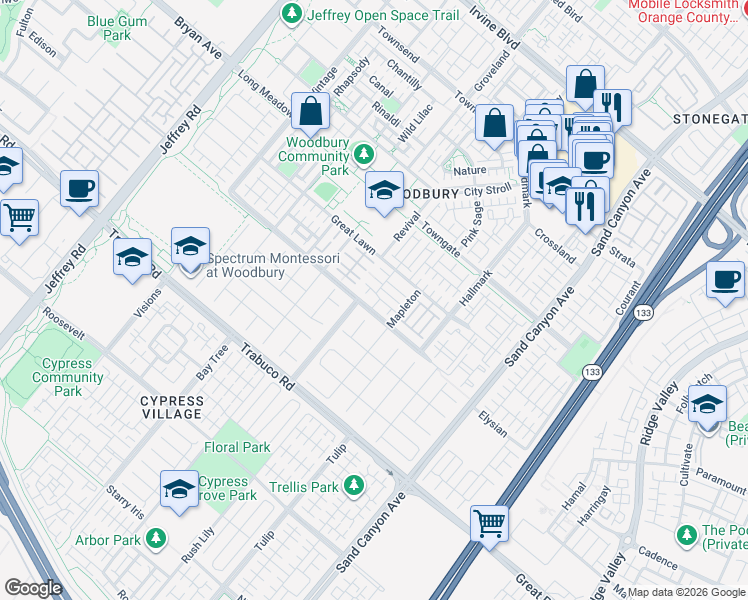 map of restaurants, bars, coffee shops, grocery stores, and more near 36 Twin Gables in Irvine
