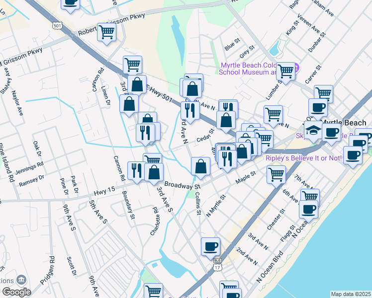 map of restaurants, bars, coffee shops, grocery stores, and more near 909 3rd Avenue South in Myrtle Beach