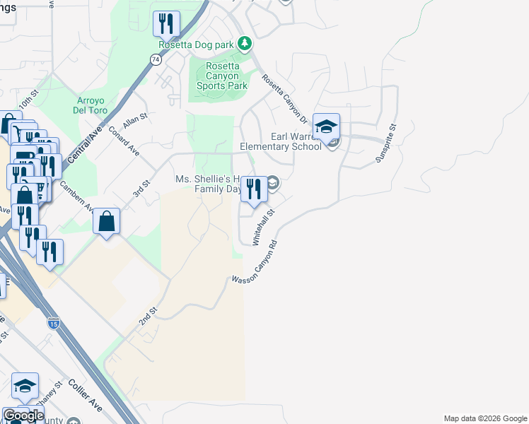 map of restaurants, bars, coffee shops, grocery stores, and more near 40940 Whitehall Street in Lake Elsinore