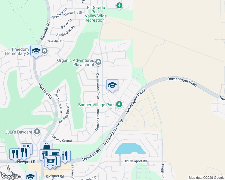 map of restaurants, bars, coffee shops, grocery stores, and more near 29502 Twinberry Circle in Menifee