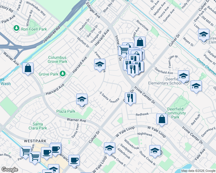 map of restaurants, bars, coffee shops, grocery stores, and more near 6 Ghiberti in Irvine