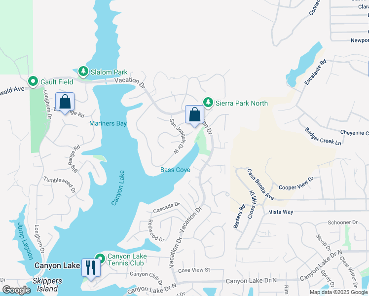 map of restaurants, bars, coffee shops, grocery stores, and more near 22116 San Joaquin Drive West in Canyon Lake