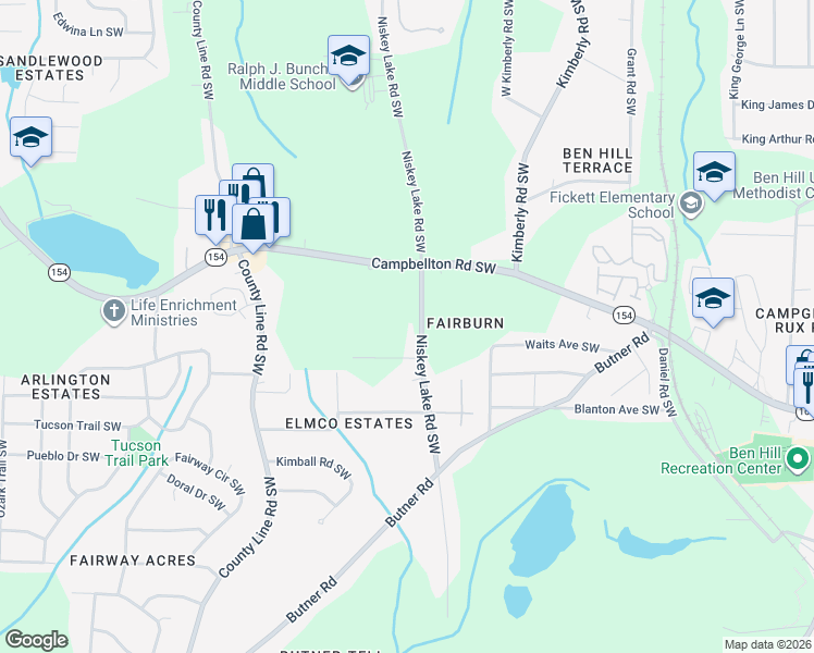 map of restaurants, bars, coffee shops, grocery stores, and more near 2259 Niskey Lake Road Southwest in Atlanta