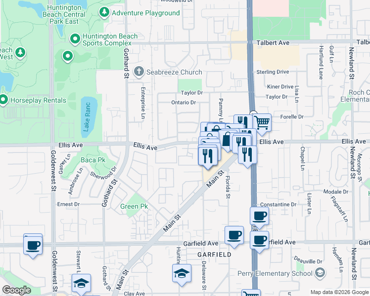 map of restaurants, bars, coffee shops, grocery stores, and more near 7671 Rapids Drive in Huntington Beach