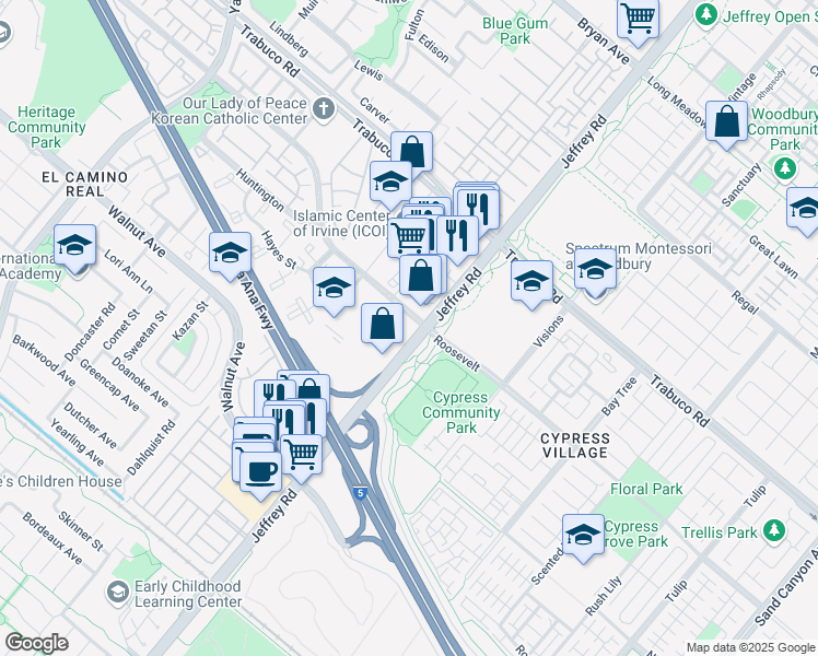 map of restaurants, bars, coffee shops, grocery stores, and more near in Irvine
