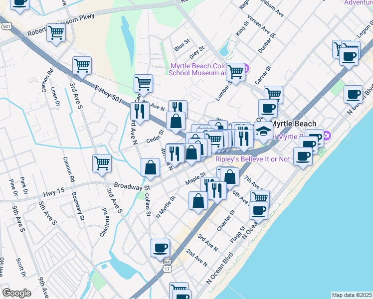 map of restaurants, bars, coffee shops, grocery stores, and more near 507 Alder Street in Myrtle Beach