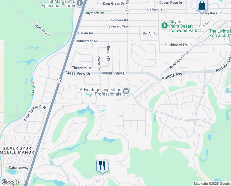 map of restaurants, bars, coffee shops, grocery stores, and more near 48637 Wolfberry Court in Palm Desert