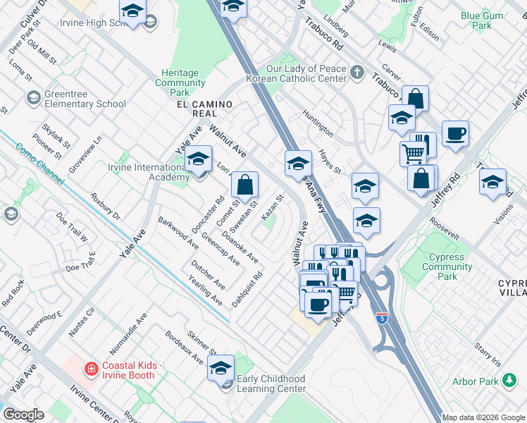 map of restaurants, bars, coffee shops, grocery stores, and more near 41 Golden Glen Street in Irvine