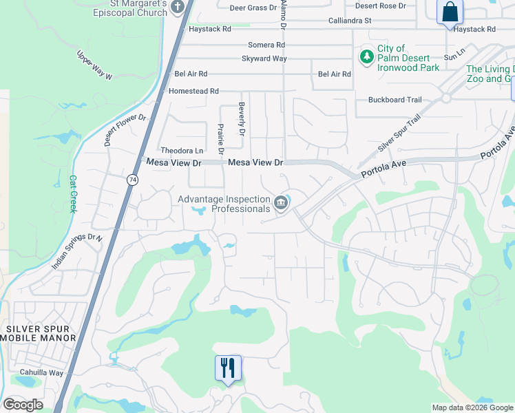 map of restaurants, bars, coffee shops, grocery stores, and more near 48637 Wolfberry Court in Palm Desert