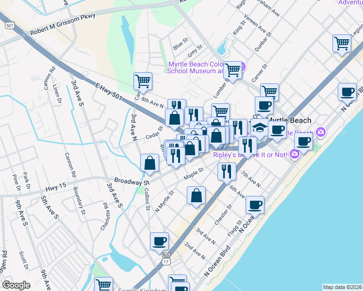 map of restaurants, bars, coffee shops, grocery stores, and more near 502 Alder Street in Myrtle Beach