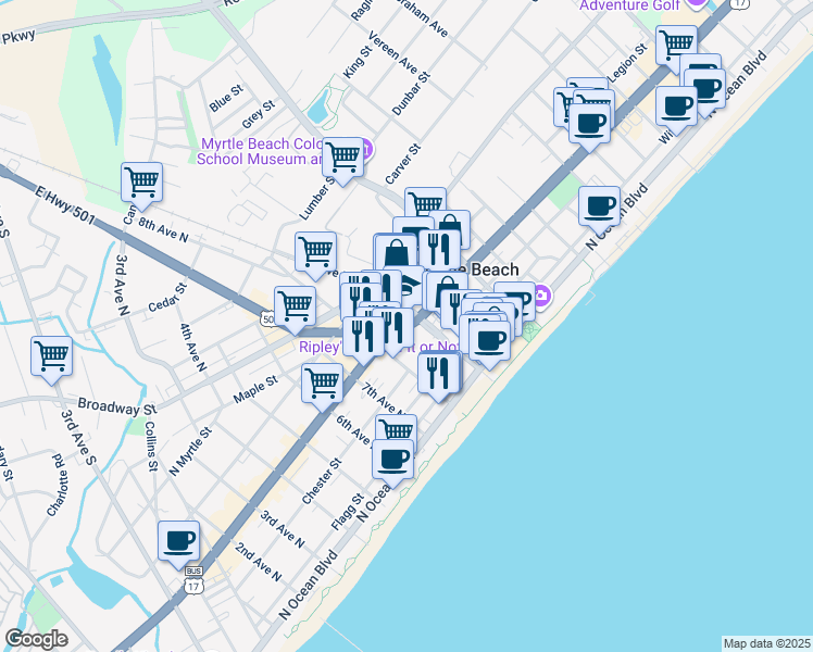 map of restaurants, bars, coffee shops, grocery stores, and more near 321 9th Avenue North in Myrtle Beach