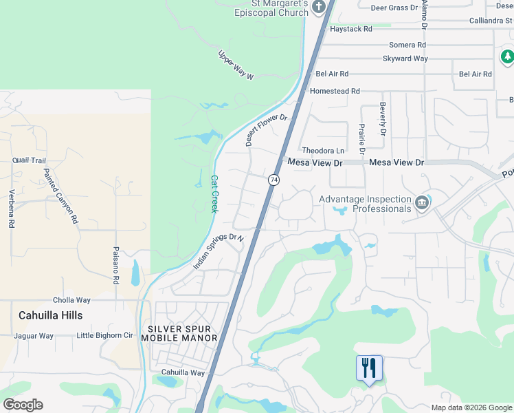 map of restaurants, bars, coffee shops, grocery stores, and more near 48792 Desert Flower Drive in Palm Desert