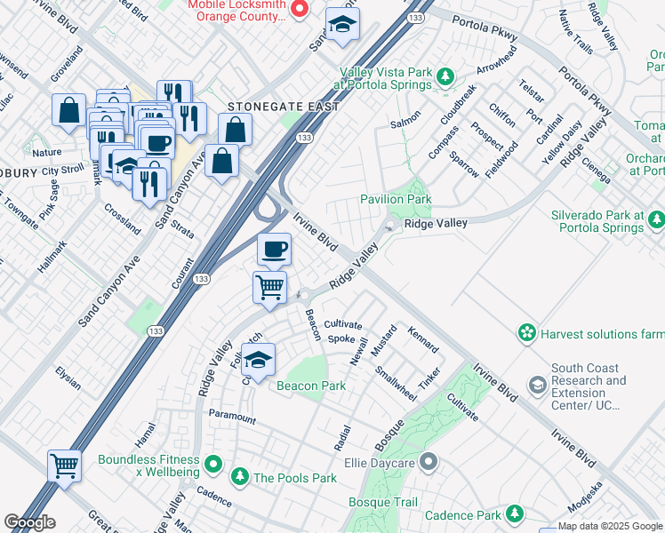 map of restaurants, bars, coffee shops, grocery stores, and more near 101 Prone in Irvine