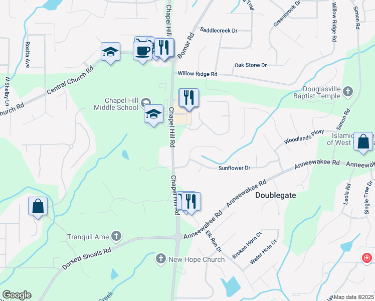 map of restaurants, bars, coffee shops, grocery stores, and more near 4352 Treeline Way in Douglasville