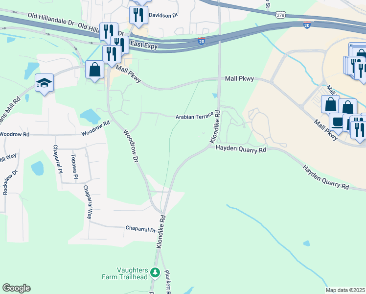 map of restaurants, bars, coffee shops, grocery stores, and more near 6815 Hayden Quarry Road in Lithonia