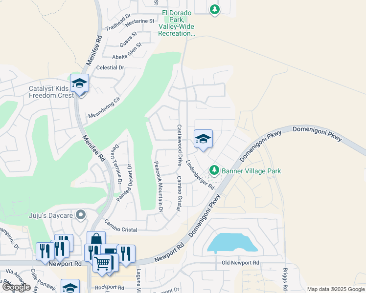 map of restaurants, bars, coffee shops, grocery stores, and more near 29504 Castlewood Drive in Menifee