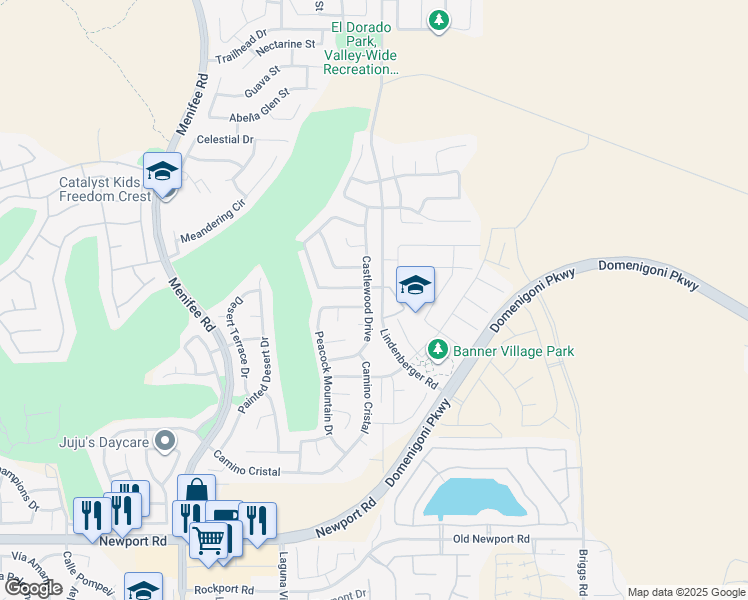 map of restaurants, bars, coffee shops, grocery stores, and more near 29504 Castlewood Drive in Menifee