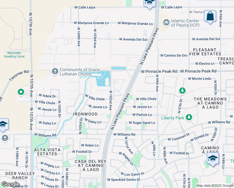 map of restaurants, bars, coffee shops, grocery stores, and more near 23100 North Lake Pleasant Parkway in Peoria