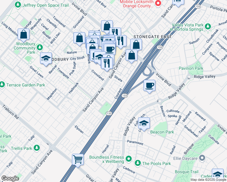 map of restaurants, bars, coffee shops, grocery stores, and more near 42 Bijou in Irvine