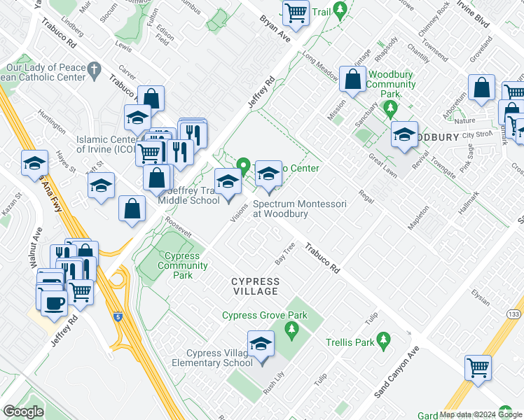 map of restaurants, bars, coffee shops, grocery stores, and more near 1228 Grand Canal in Irvine