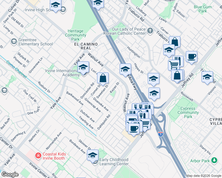 map of restaurants, bars, coffee shops, grocery stores, and more near 41 Golden Glen Street in Irvine