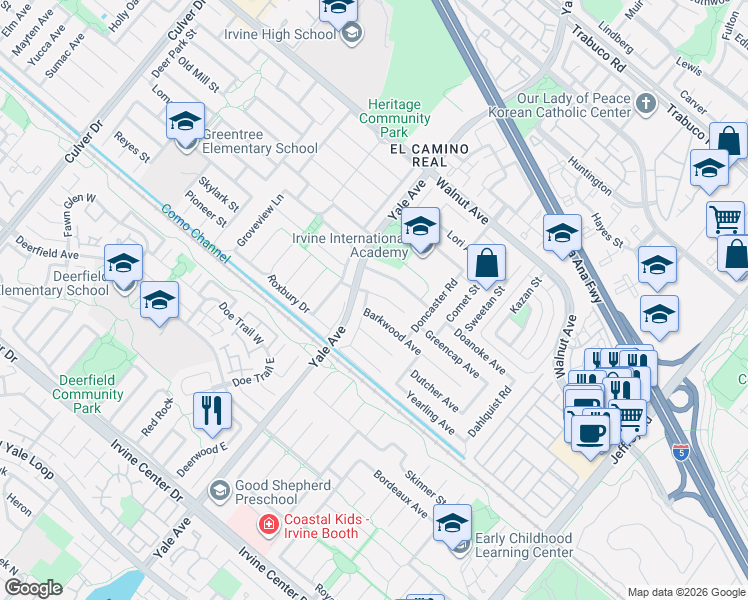 map of restaurants, bars, coffee shops, grocery stores, and more near 4851 Barkwood Avenue in Irvine