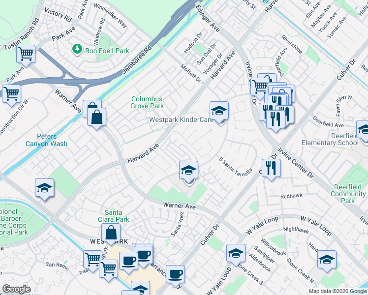 map of restaurants, bars, coffee shops, grocery stores, and more near 2 Altezza in Irvine
