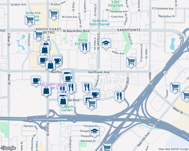 map of restaurants, bars, coffee shops, grocery stores, and more near 422 Enclave Circle in Costa Mesa