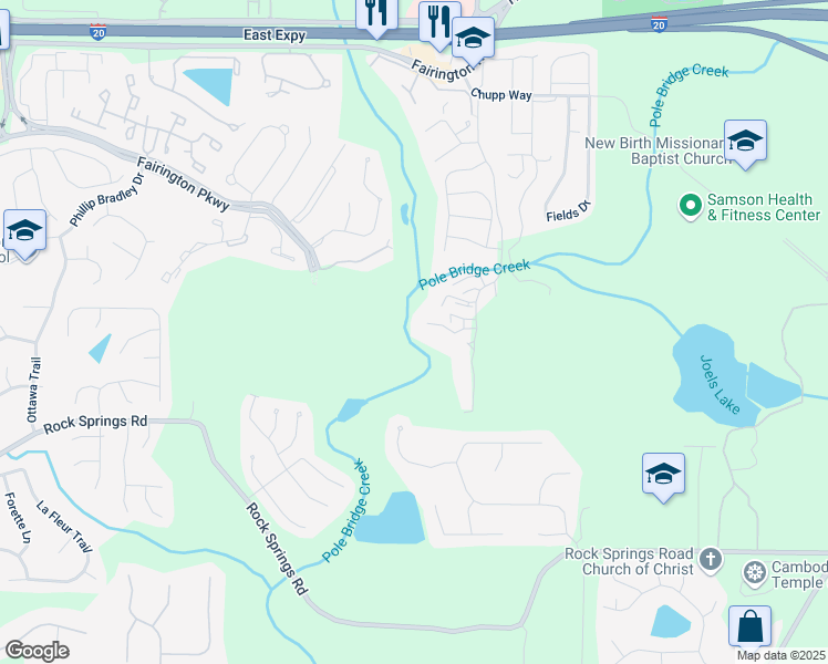 map of restaurants, bars, coffee shops, grocery stores, and more near 5796 Par Four Court in Stonecrest