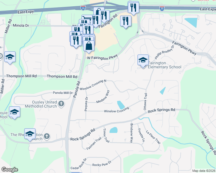 map of restaurants, bars, coffee shops, grocery stores, and more near 5403 Medena Way in Stonecrest