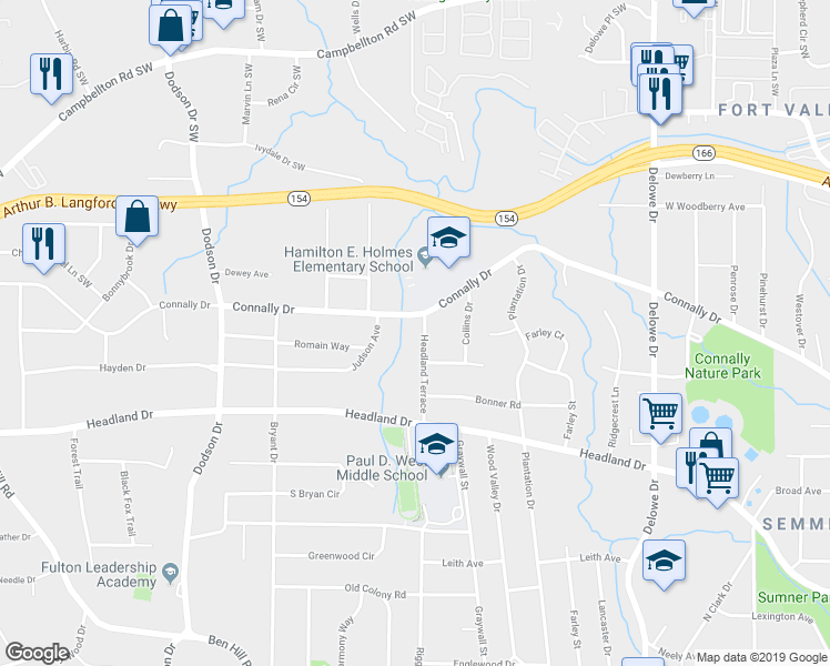 map of restaurants, bars, coffee shops, grocery stores, and more near 2261 Headland Terrace in East Point