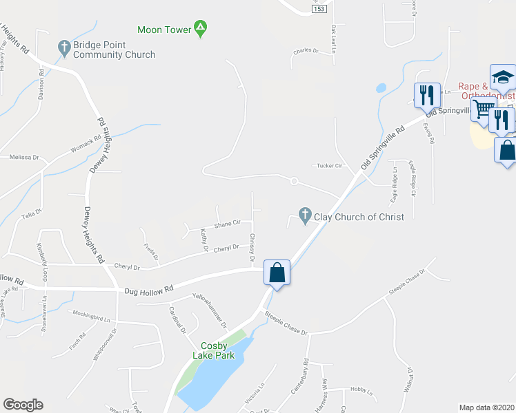 map of restaurants, bars, coffee shops, grocery stores, and more near 6507 Chrissy Drive in Pinson