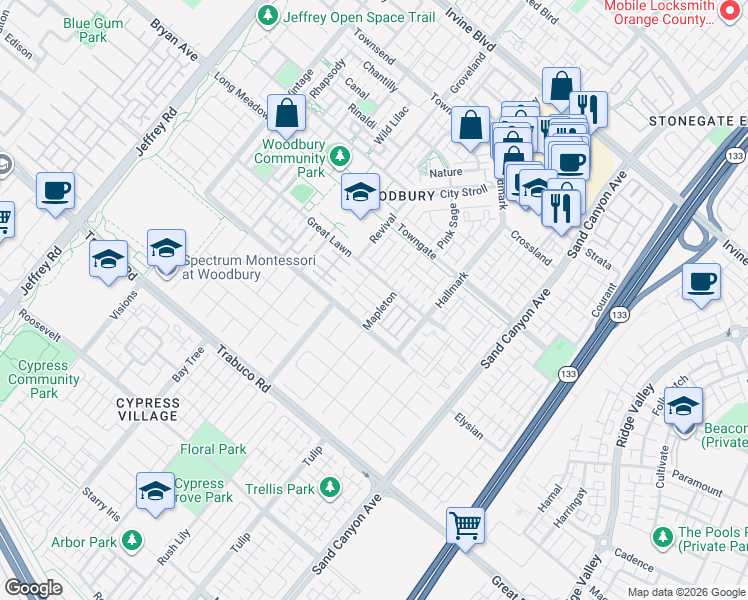 map of restaurants, bars, coffee shops, grocery stores, and more near 26 Twin Gables in Irvine